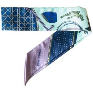 Hermès Silk Twilly Les Voitures A Transformation Vert D'Eau Parme Encre